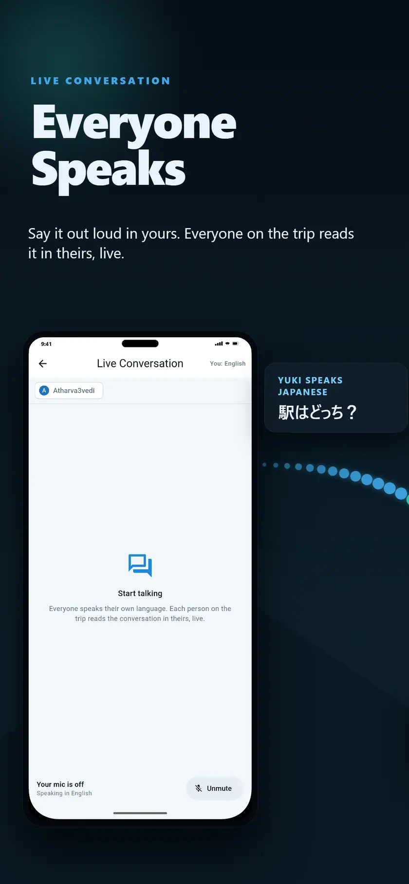 A Live Conversation voice room showing captions as each person speaks their own language.