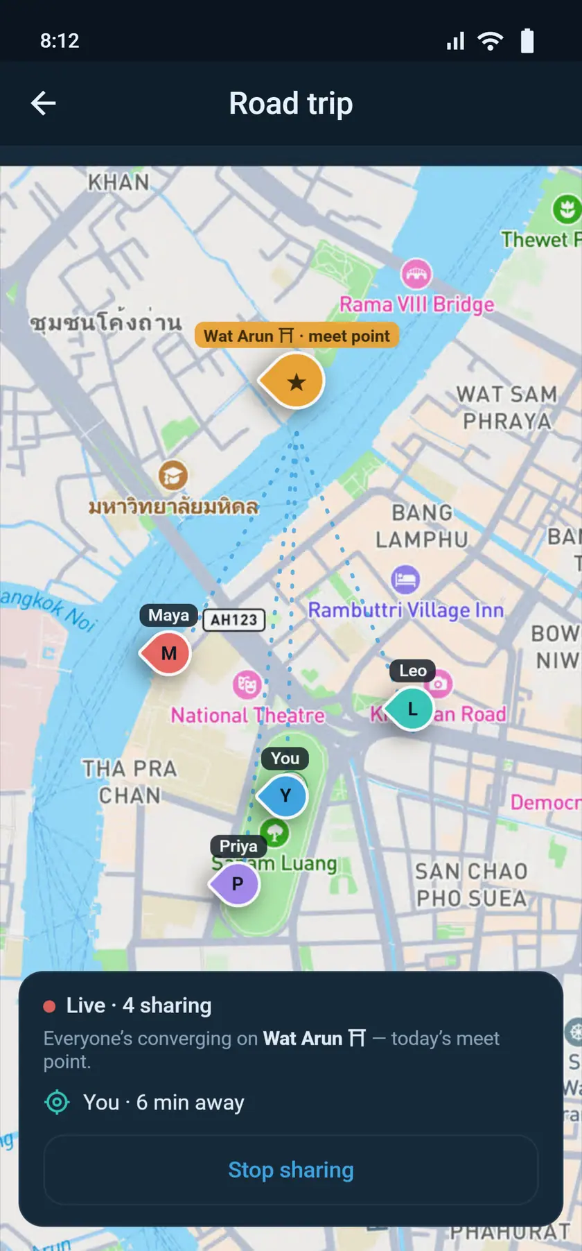 A live shared map with every traveller converging on the day’s meet point.