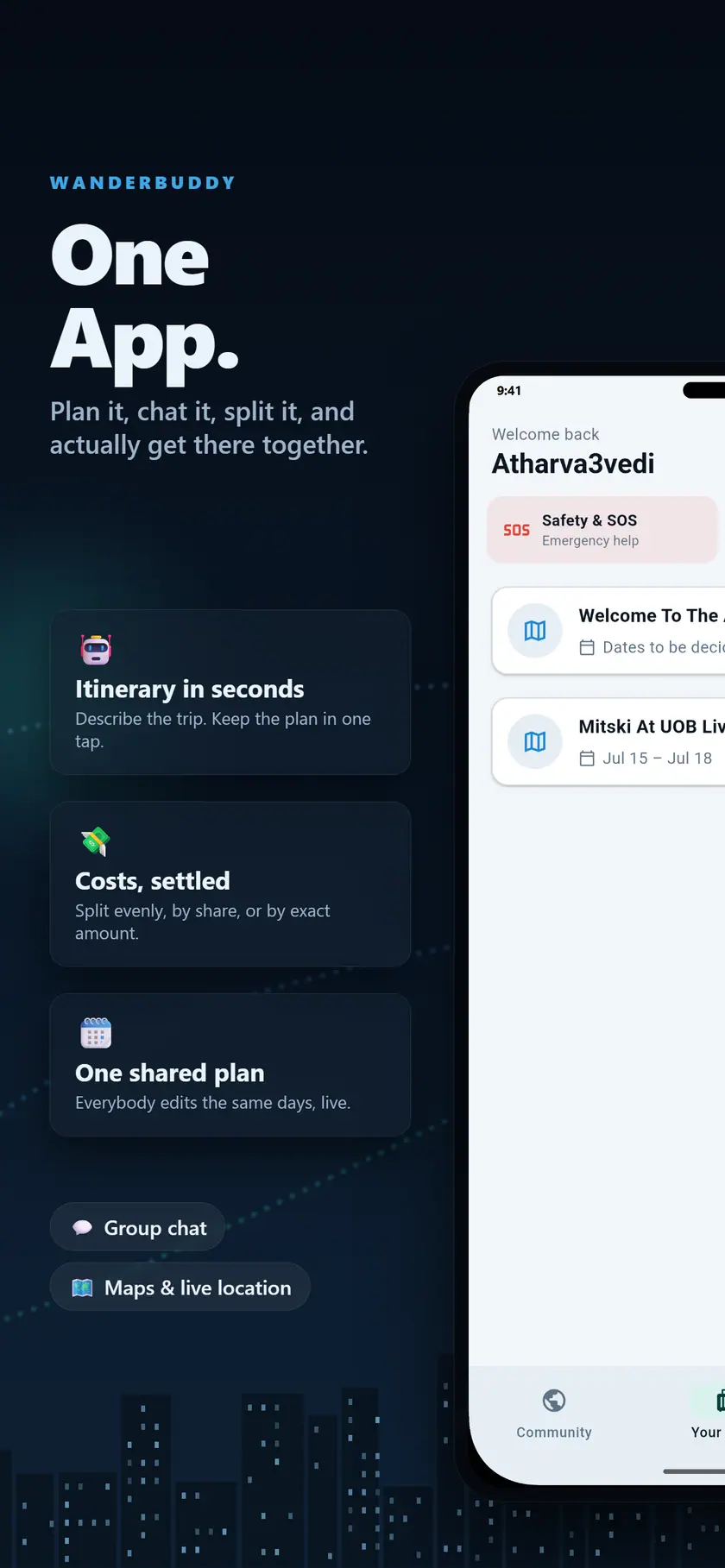 The WanderBuddy home screen, with trips, AI planning, photos and expenses in one place.
