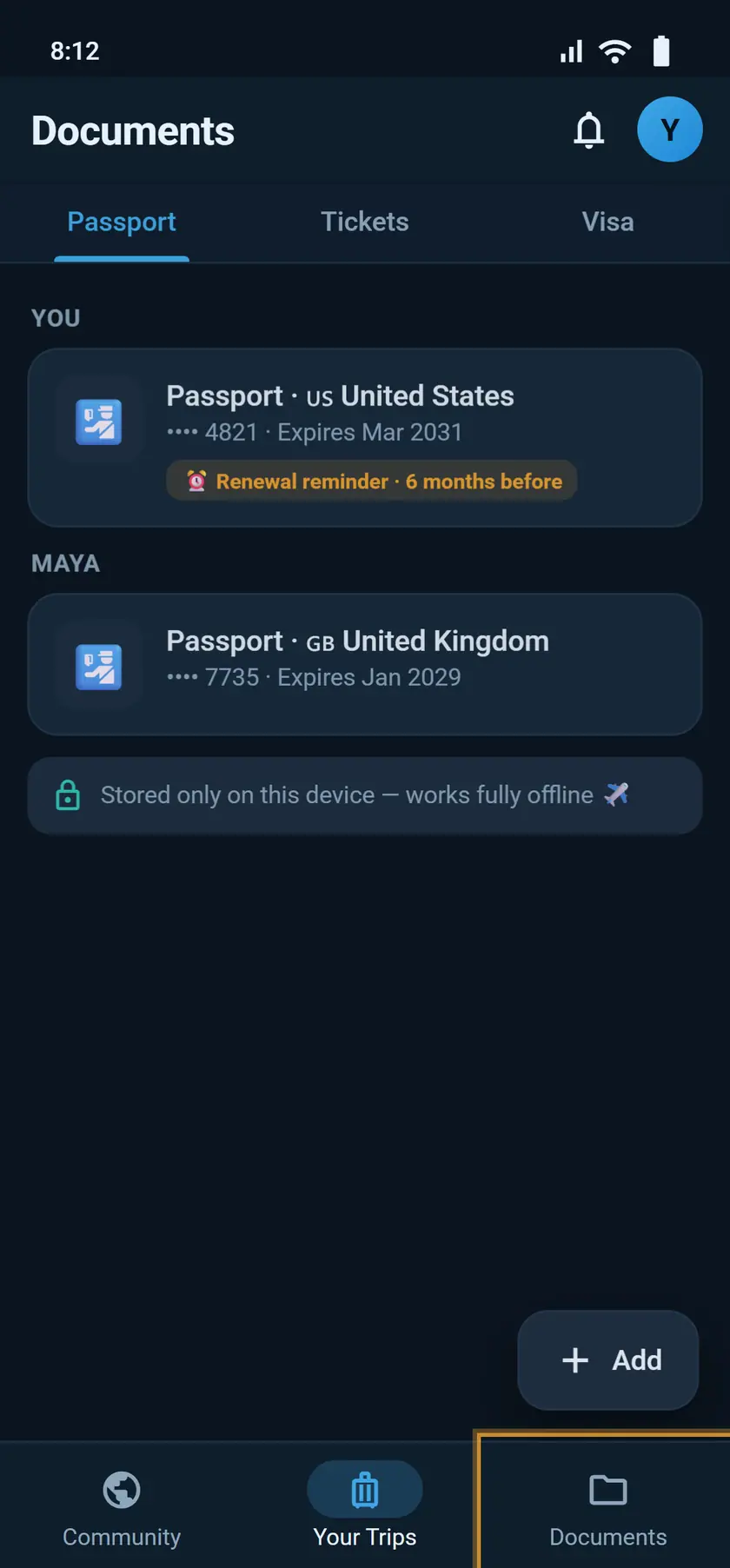 The Documents vault holding each traveller’s passport, tickets and visa, stored on the device.