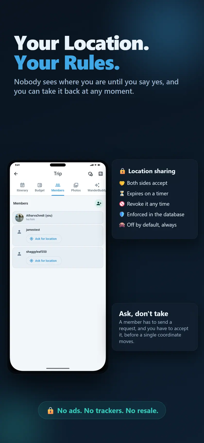 Live location sharing with mutual consent and a time limit, controlled per trip.